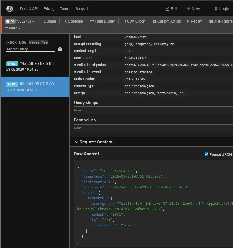 Example session.started request in webhook.site